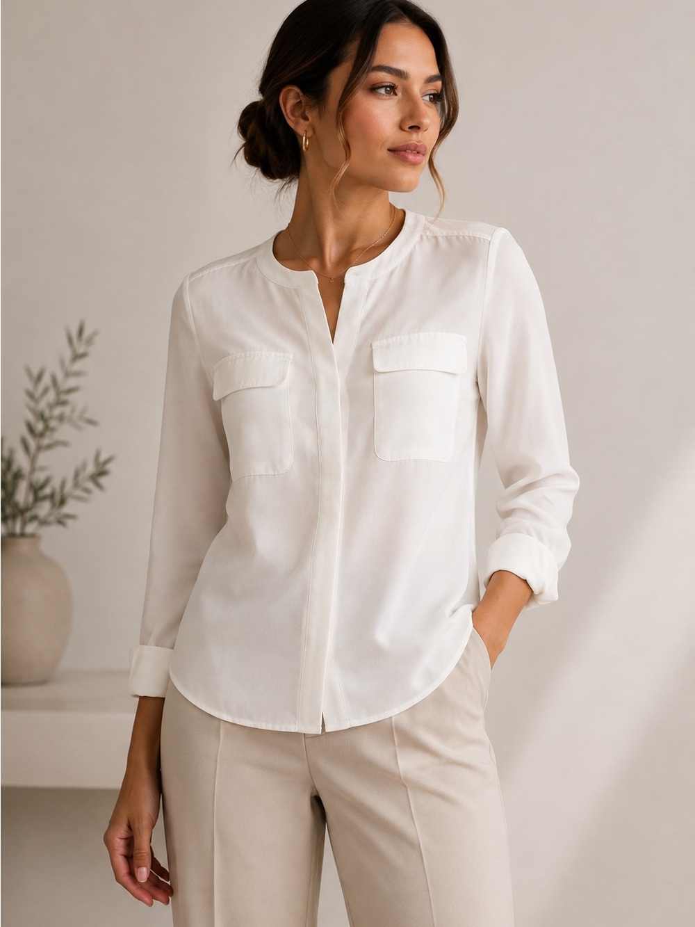 Sweet Rain Cream Button-Down Pocket Blouse